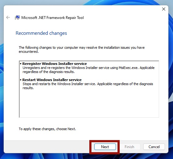 Recommended changes view in .NET Framework Repair Tool.