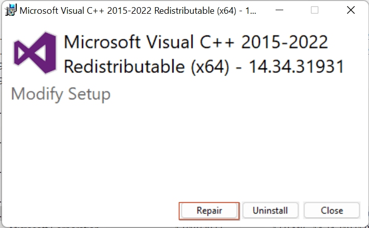 "Repair" option for Microsoft Visual C++ program.