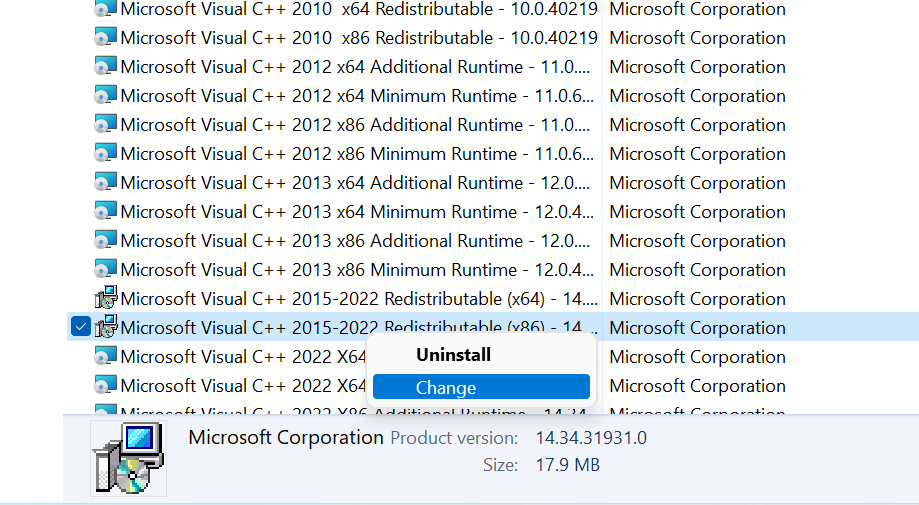 Microsoft Visual C++ programs view.