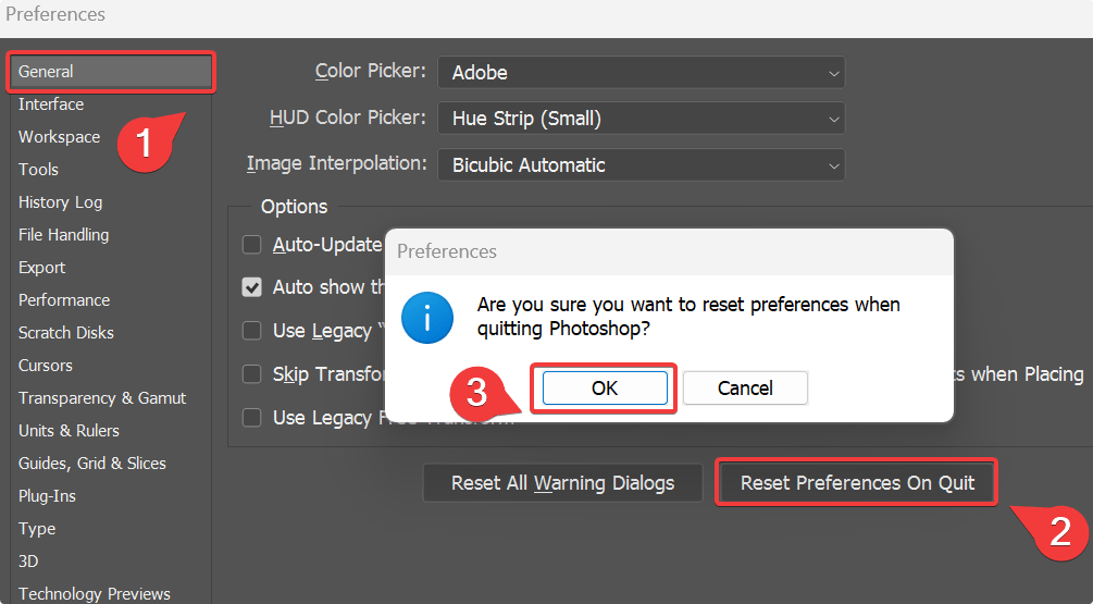 Activating the "Reset Preferences on Quit" button.