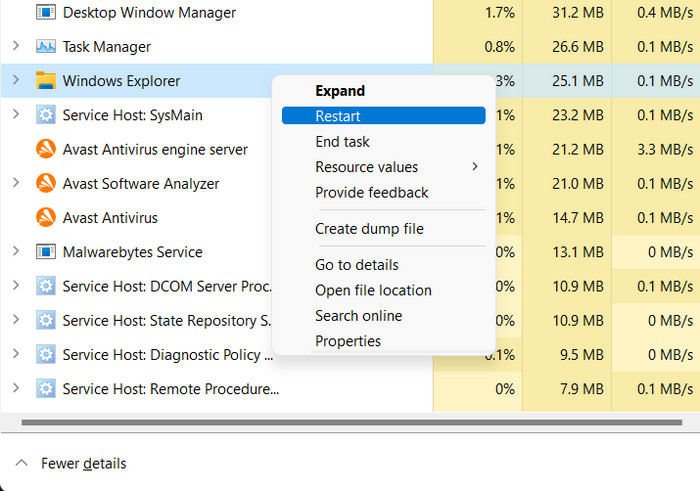 "Restart" option in context menu in Task Manager. 
