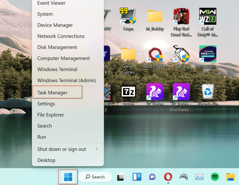 Opening Task Manager from Start menu.