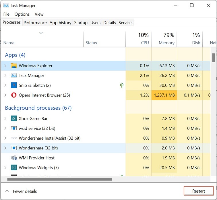 Windows Explorer view in Task Manager.