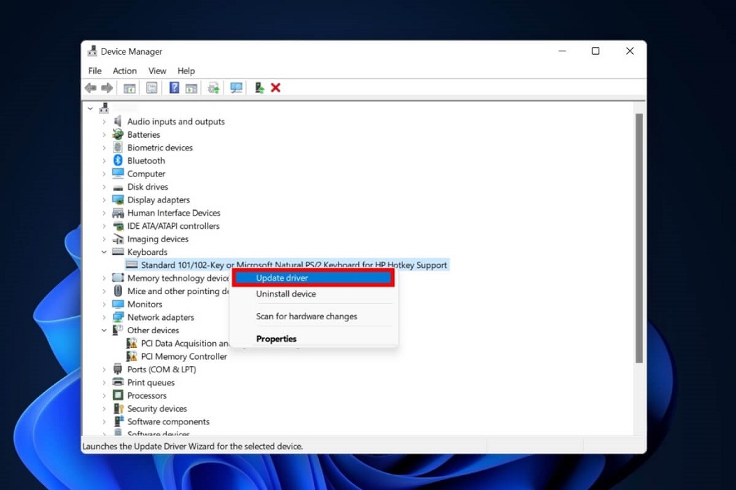 Updating standard keyboard driver via Device Manager.