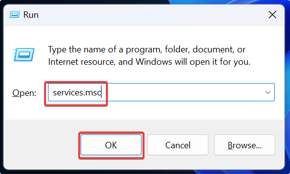 Typing "services.msc" in Run dialog.
