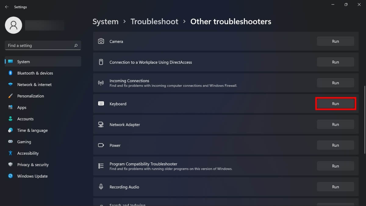 Click "Run" button next to "Keyboard" troubleshooter. 