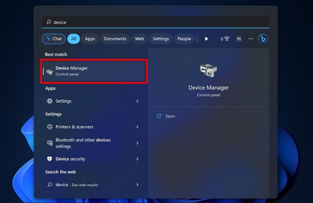 Search for "Device Manager" in Windows Search. 