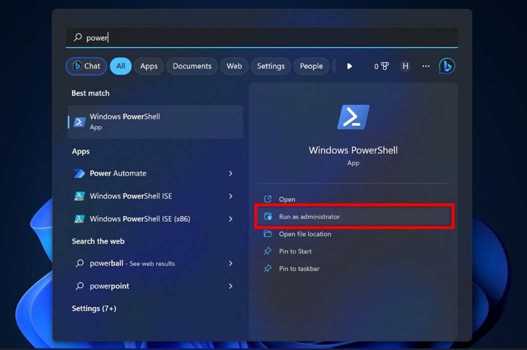 Searching for "PowerShell" in Windows Search. 