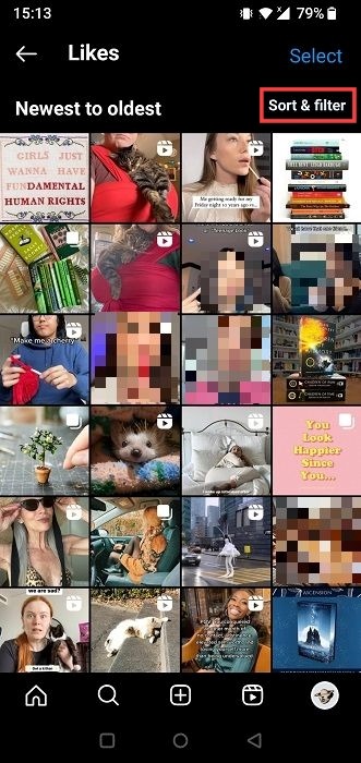 Likes list in the Instagram app with "Sort & filter" option. 
