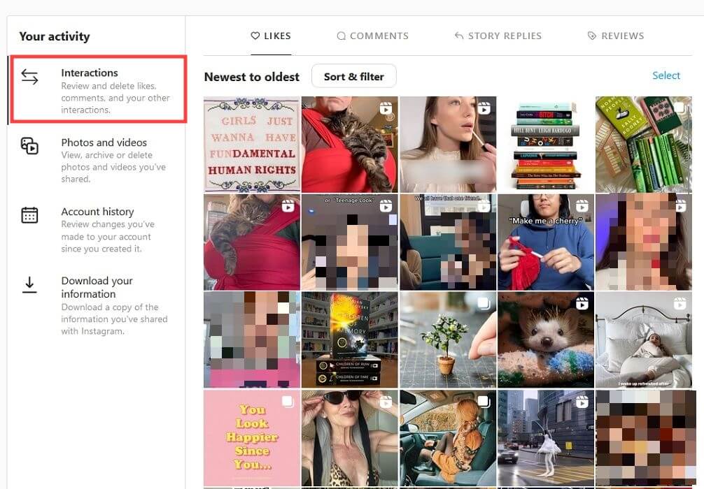 "Interactions" option under "Your activity" in Instagram for PC.