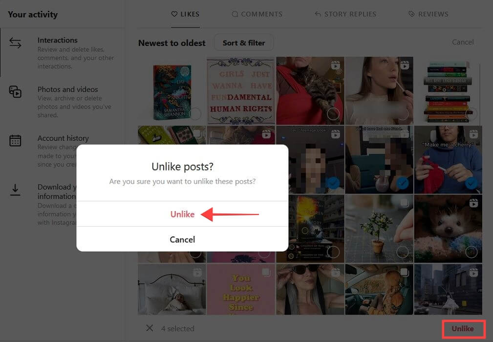 "Unlike posts" prompt in Instagram for PC.