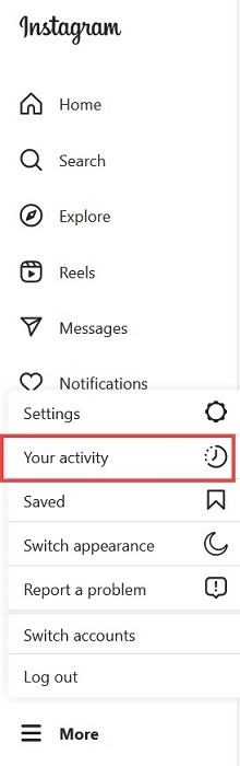 "Your activity" option in Instagram for PC.