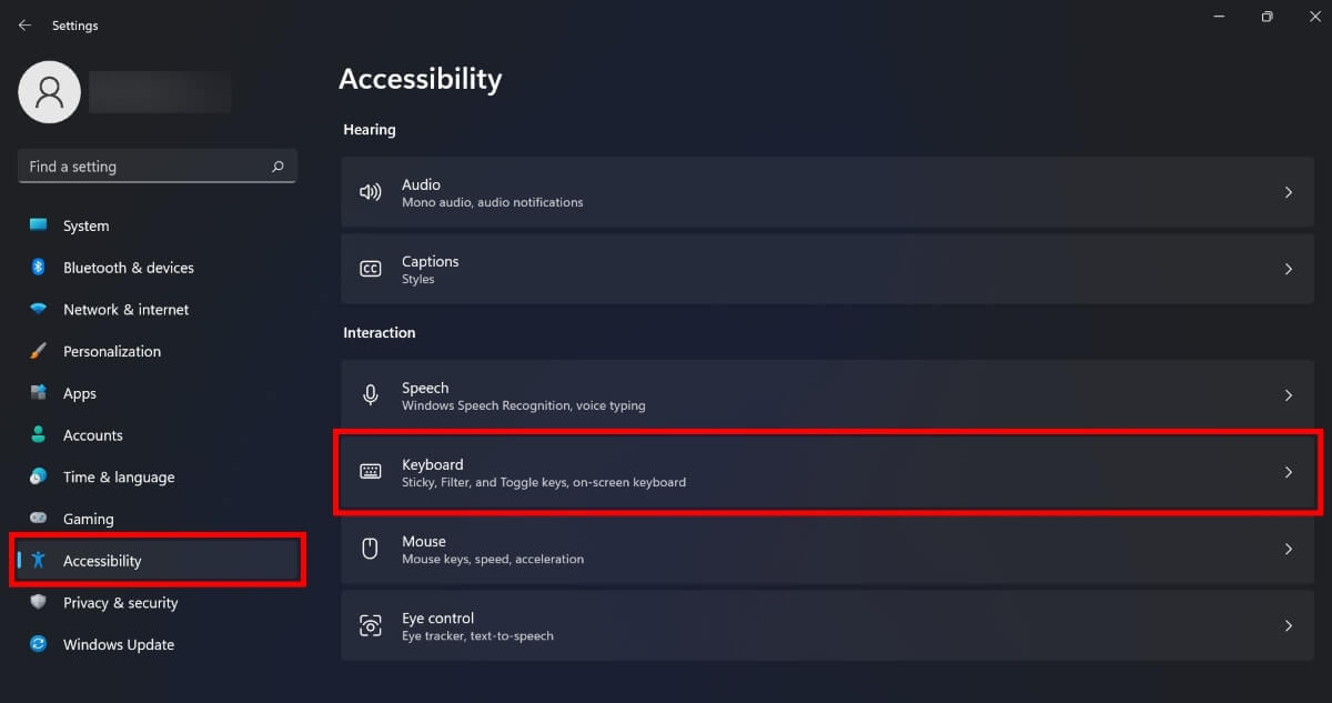 Click on "Keyboard" from Accessibility in Windows Settings.