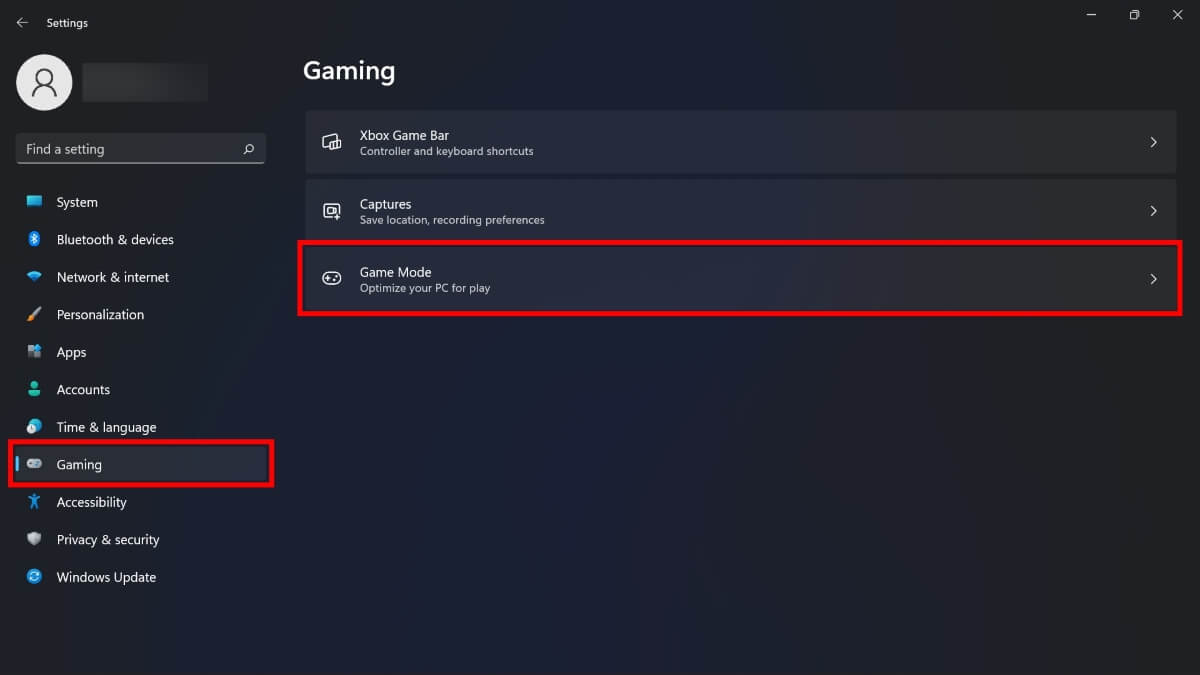 Clicking on "Game Mode" in Windows Settings. 