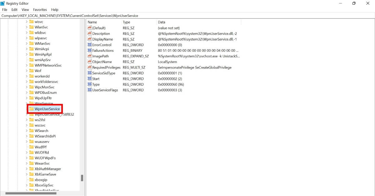 Clicking on "WpnUserService" in Registry Editor at given address.