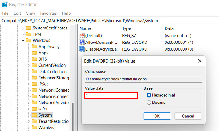 Changing value data for DisableAcrylicBackgroundOnLogon key.