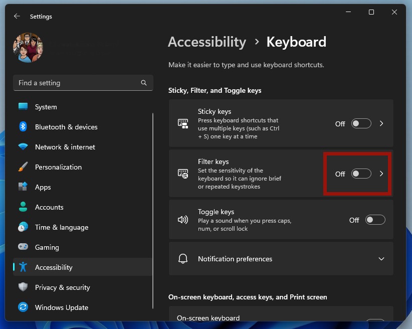 Togging "Filter keys" off in Accessibility.
