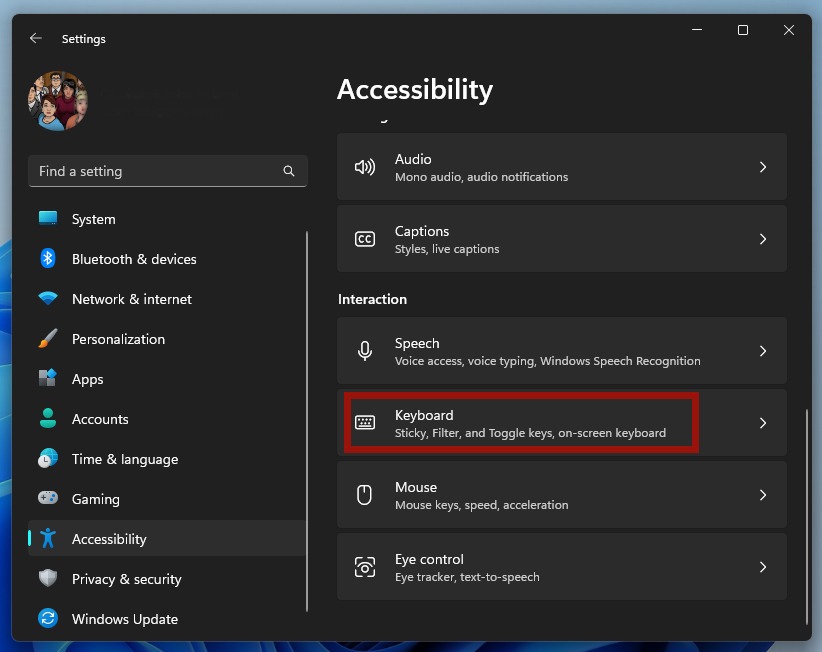 "Keyboard" section under Accessibility.