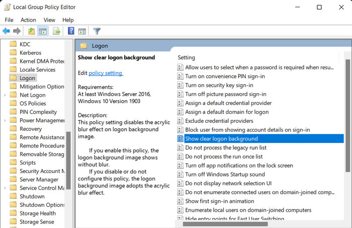 Finding the "Show clear logon background" option in Group Policy Editor. 