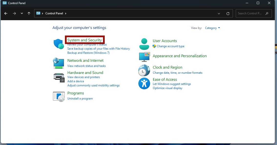 "System and Security" section in Control Panel. 