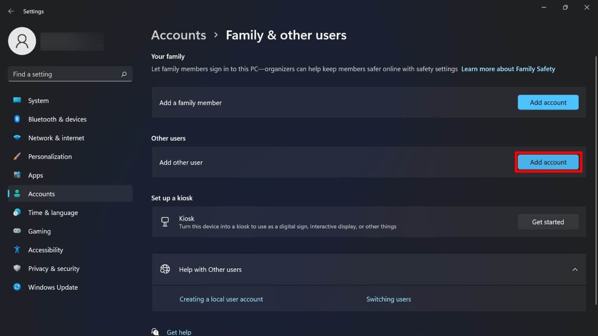 Clicking on "Add account" next to "Add other user" in Windows Settings. 