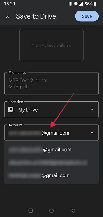 Changing Google Drive email address to share to via Google Drive app. 