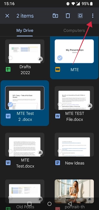 Tapping on three dot menu in the Google Drive app after selecting multiple files.