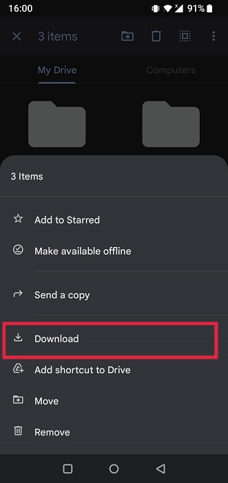 Selecting "Download" option for multiple files in Google Drive app. 
