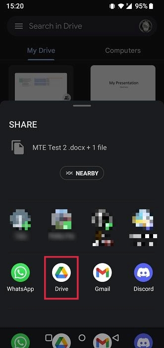 Tapping on Google Drive app from Share menu. 