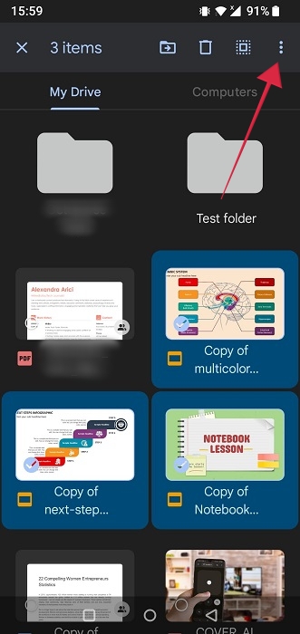 Clicking three dots in Google Drive app after selecting files. 