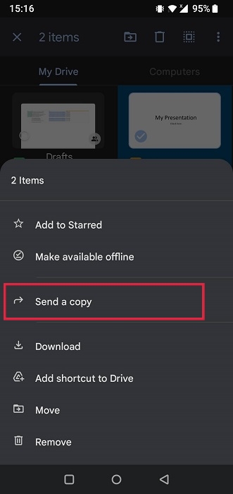 Tapping on "Send a copy" option from pop-up menu in Google Drive app. 