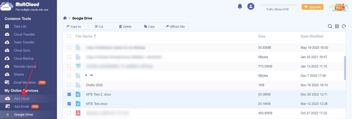 Clicking "Add Cloud" from leftside menu in MultCloud.