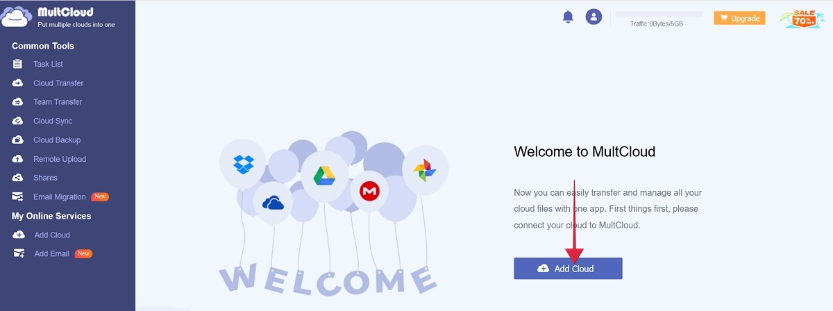 Clicking on "Add Cloud" button in MultCloud.com website.