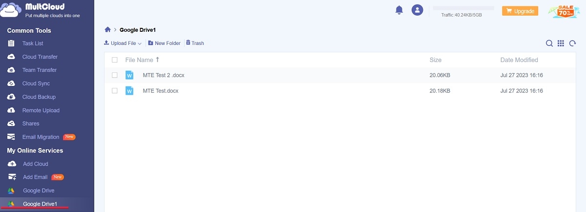 Clicking secondary Google Drive account with copied files view in MultCloud.
