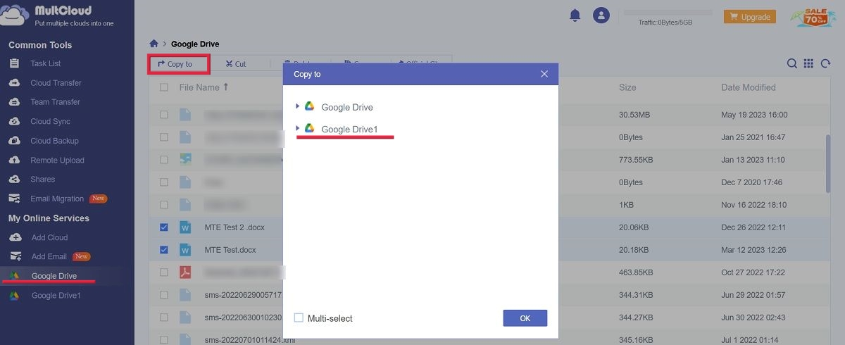 Moving files to a secondary Google Drive account with MultCloud.