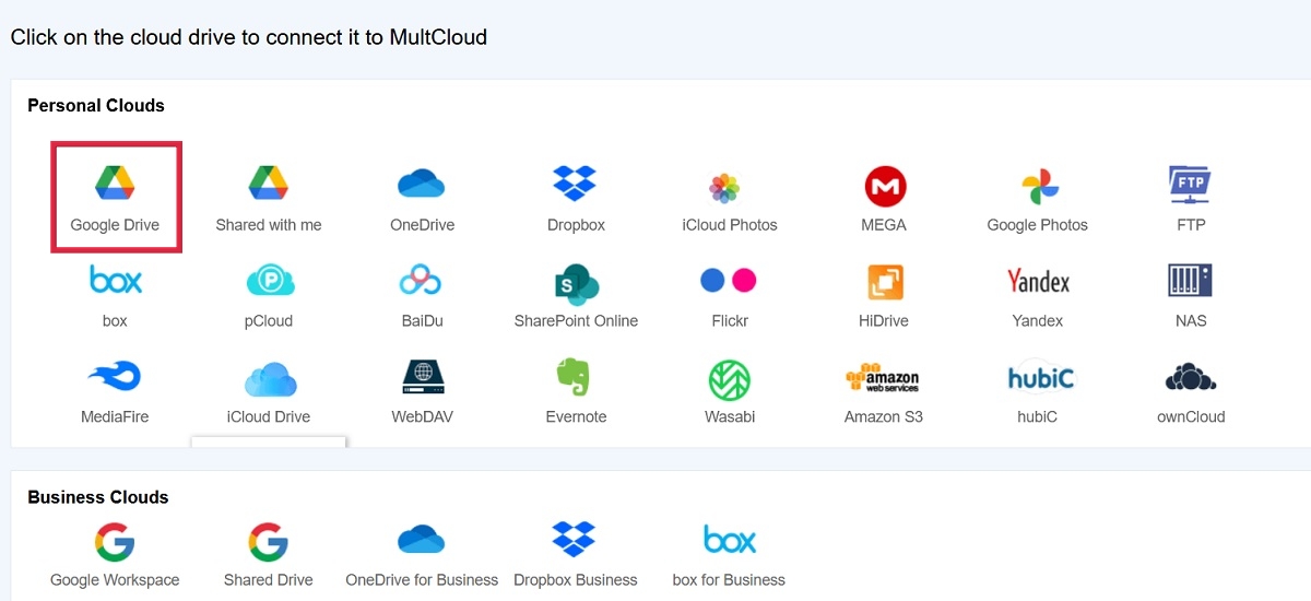 Clicking on "Google Drive" option to connect it to MultCloud.