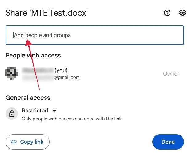 Clicking "Add people and groups" box in Share window in Google Drive on PC.
