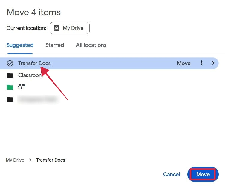Selecting new folder to move files to in Google Drive for PC.