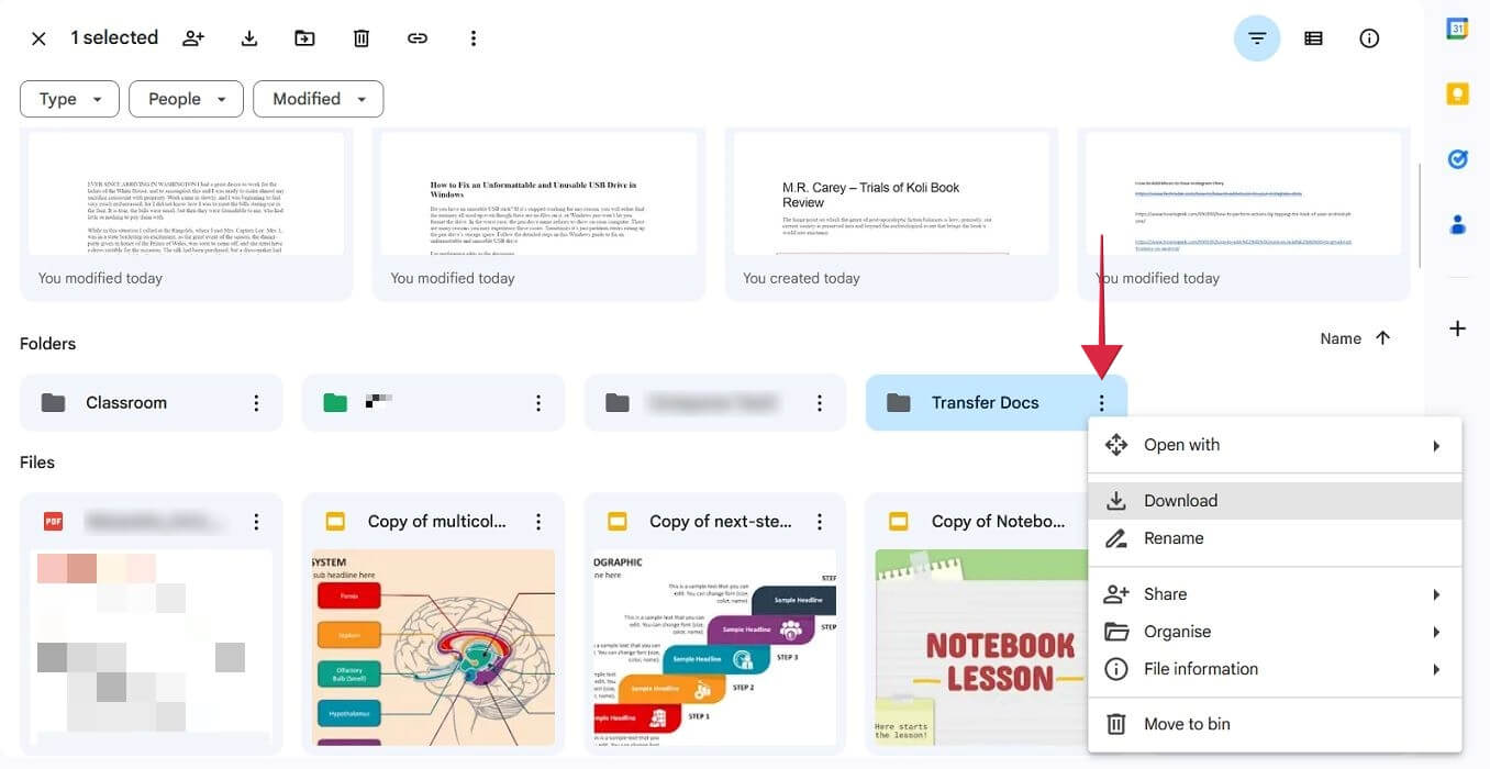 Selecting "Download" option for folder in Google Drive for PC.