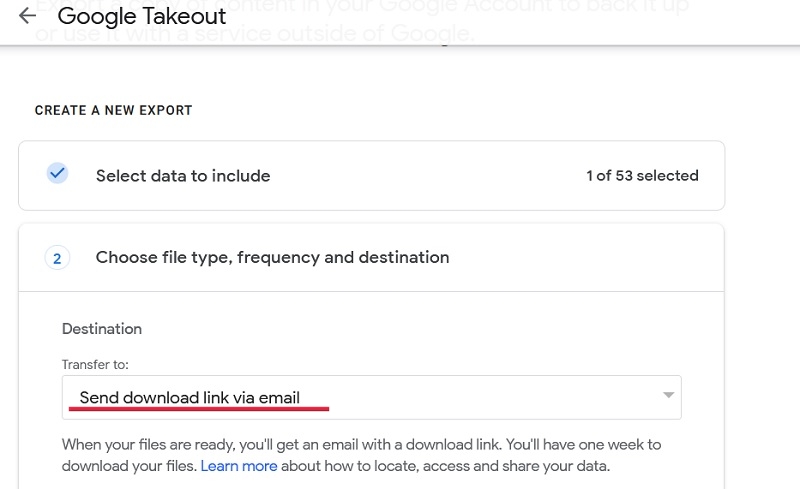 Setting the transfer destination for Google Drive files on Google Takeout website.