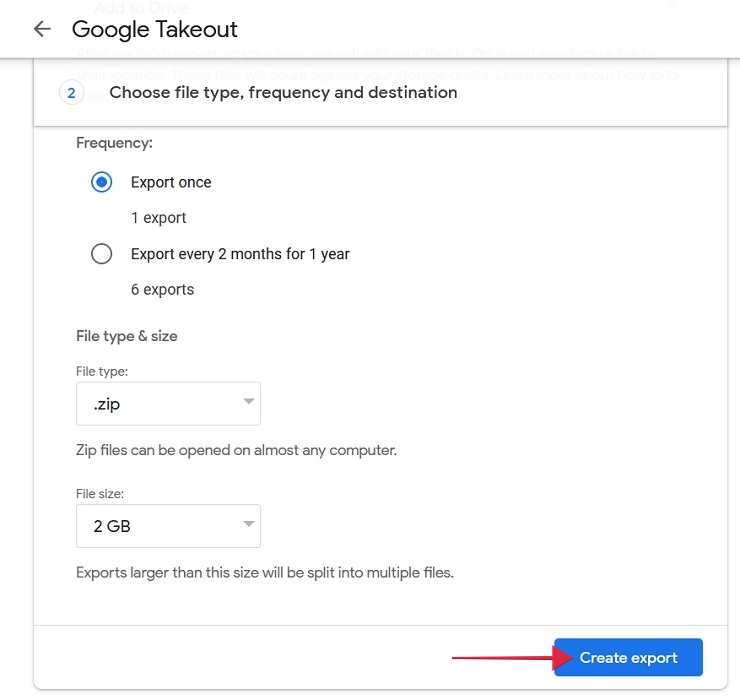 Selecting file type and frequency on Google Takeout website.