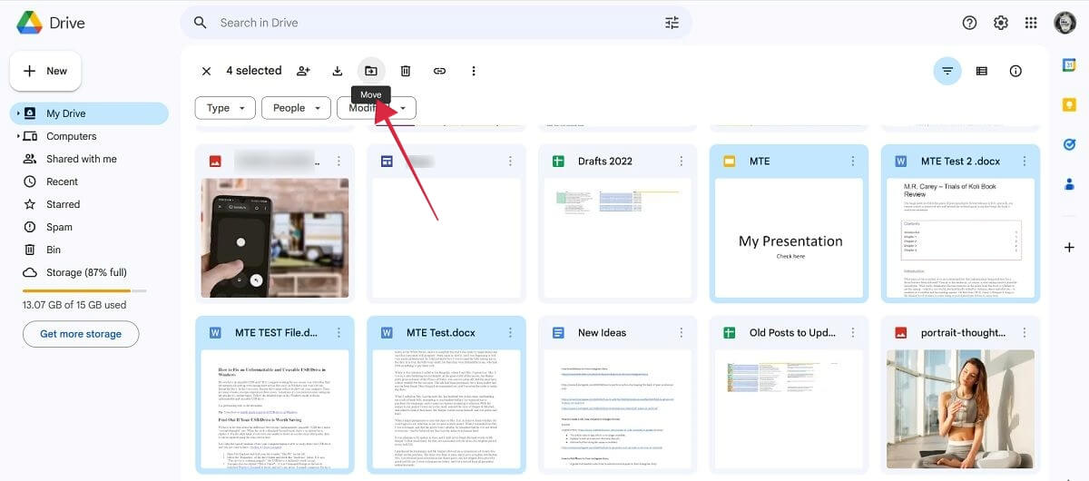 Clicking on "Move" button in Google Drive for PC after files have been selected.