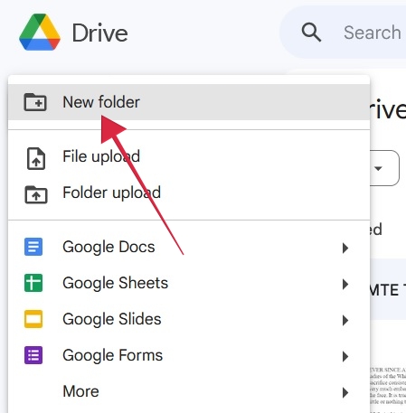 Clicking on "New folder" option in Google Drive for PC.