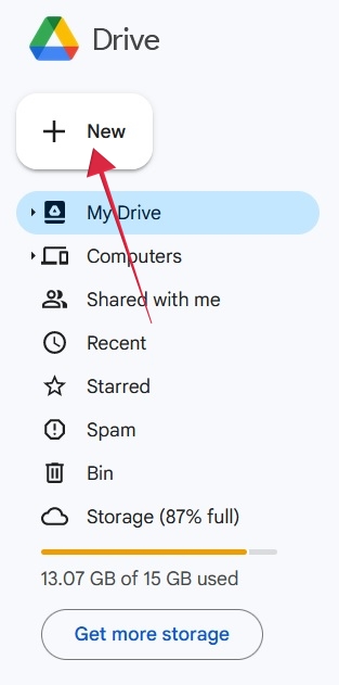 Clicking on "New" button in Google Drive for PC.
