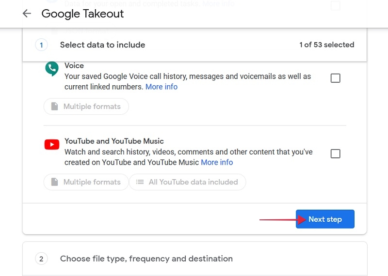 Clicking on "Next step" button at the bottom of Google Takeout page.