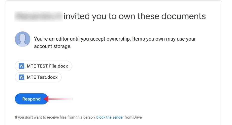 Email invitation to take ownership over files from older Google Drive account.