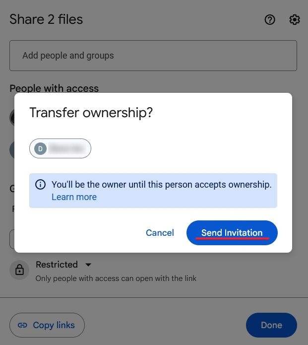 Pressing "Send invitation" button in "Transfer ownership" window.