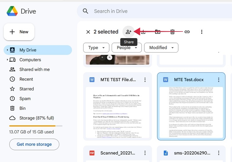 Pressing "Share" button in Google Drive for PC after selecting files.