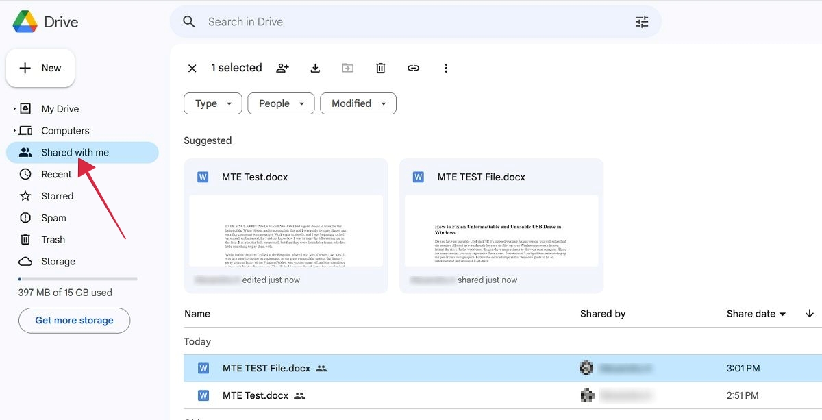 "Shared with me" tab in new Google Drive account on PC.