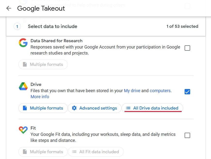 Ticking Drive option on Google Takeout website.